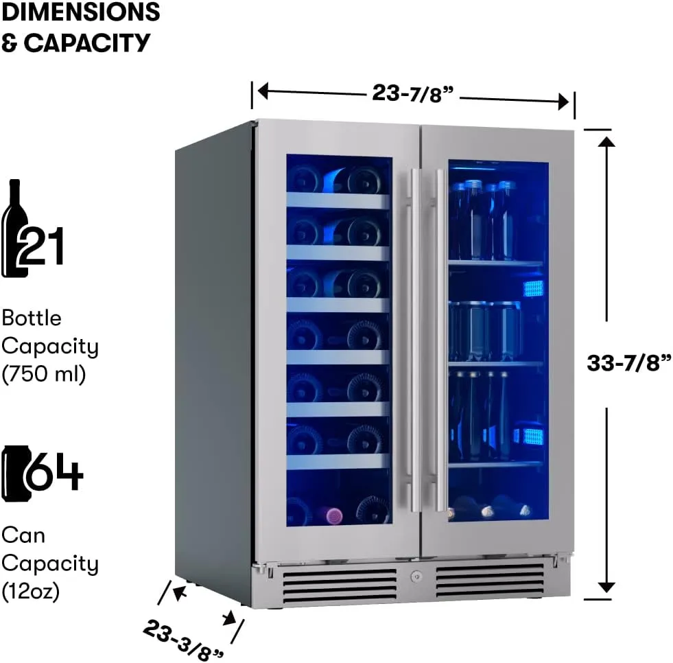 Zephyr Presrv 24 Inch Beverage and Wine Fridge Dual Zone Under Counter - Wine Cooler Small Cabinet Refrigerator Home Bar Chiller Freestanding with French Glass Door, 21 bottles, 64 cans