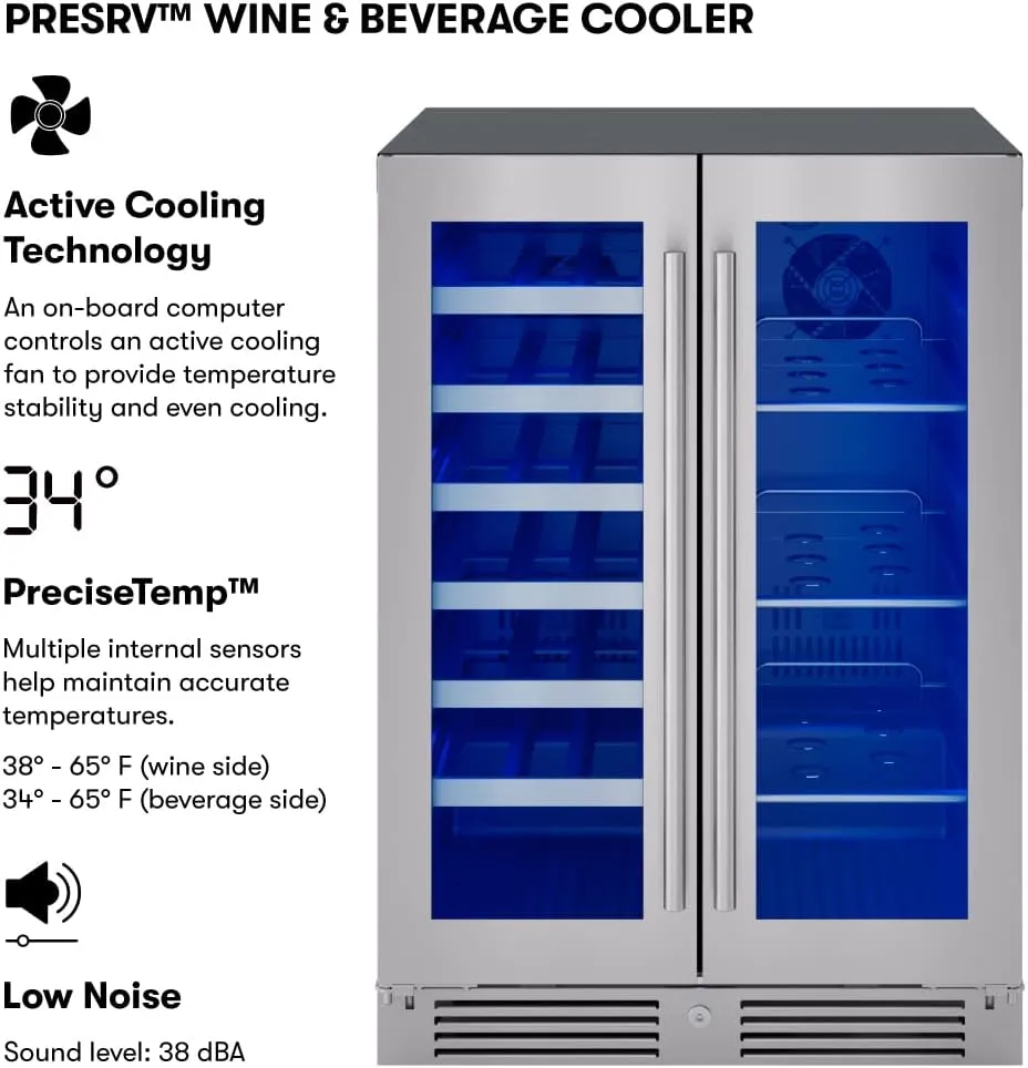 Zephyr Presrv 24 Inch Beverage and Wine Fridge Dual Zone Under Counter - Wine Cooler Small Cabinet Refrigerator Home Bar Chiller Freestanding with French Glass Door, 21 bottles, 64 cans