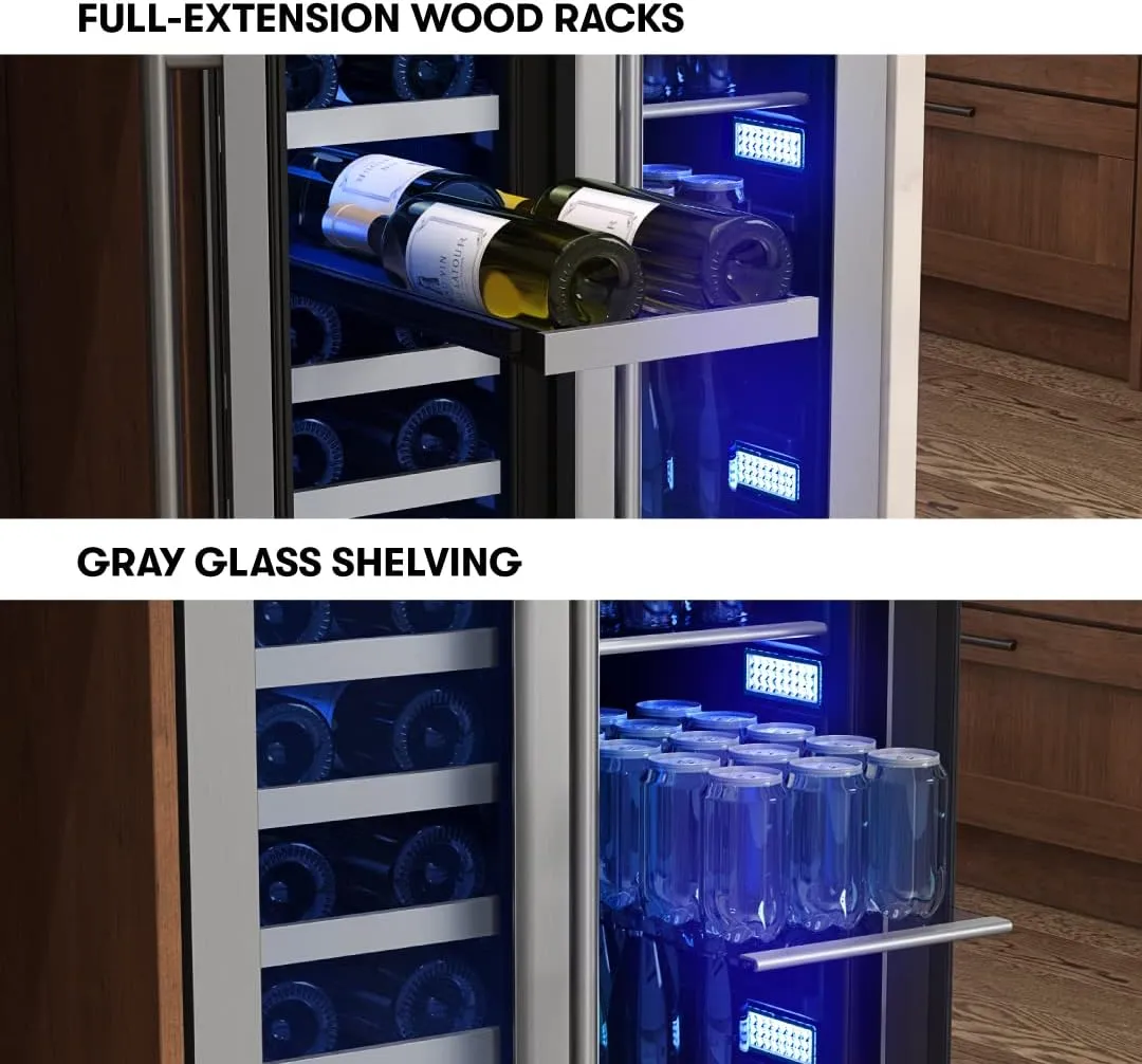 Zephyr Presrv 24 Inch Beverage and Wine Fridge Dual Zone Under Counter - Wine Cooler Small Cabinet Refrigerator Home Bar Chiller Freestanding with French Glass Door, 21 bottles, 64 cans