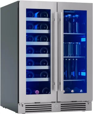 Zephyr Presrv 24 Inch Beverage and Wine Fridge Dual Zone Under Counter - Wine Cooler Small Cabinet Refrigerator Home Bar Chiller Freestanding with French Glass Door, 21 bottles, 64 cans